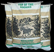 Picture of bags of Top Of The Rockies Horse Cubes produced by Manzanola Feeds.