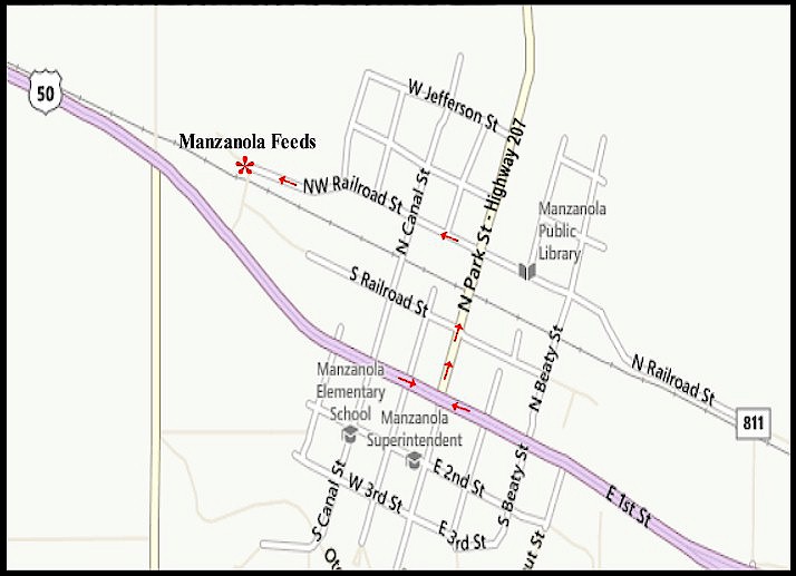 Directions map to Manzanola Feeds, producer of TOP OF THE ROCKIES Horse Cubes, Mini Cubes, and Alfalfa Pellets.